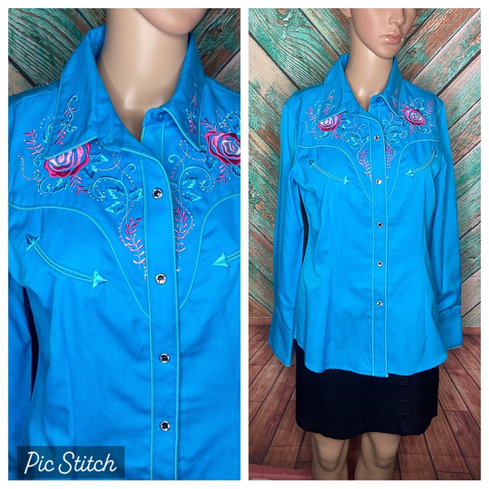 Vintage Panhandle Slim Polyester Blend Rose Embroidered Turquoise Western Shirt